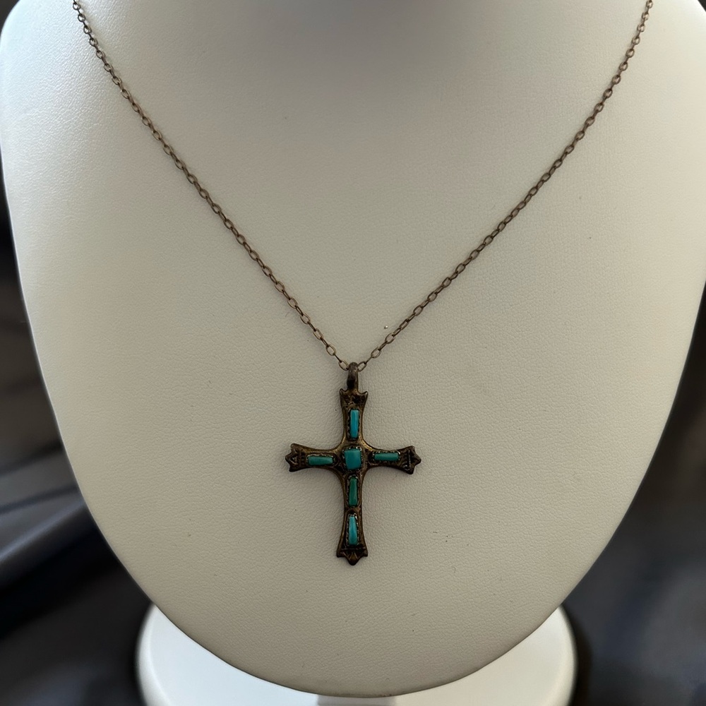 George and Lupina Lekity Sterling & Turquoise Cross Pendant Necklace